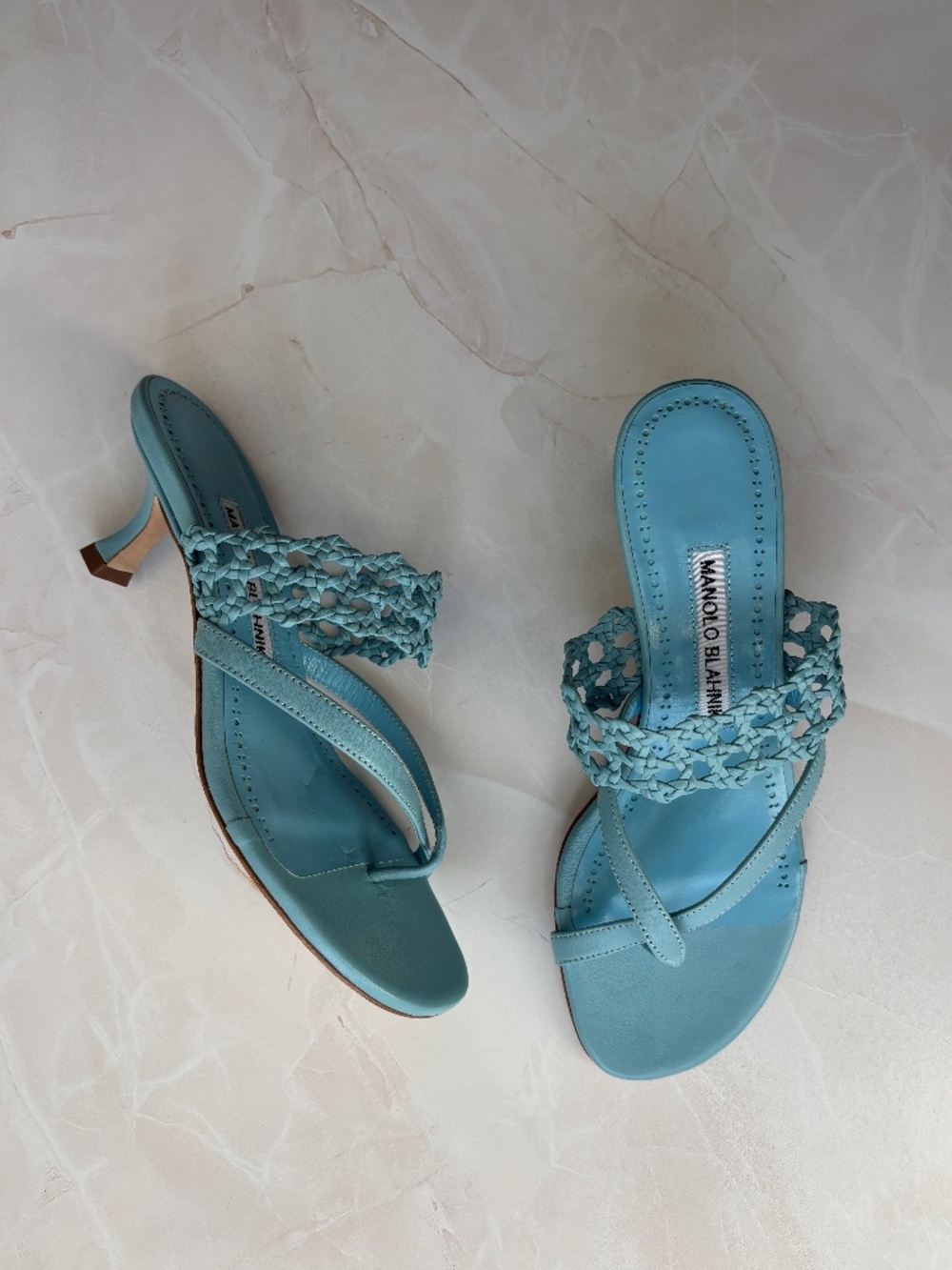 vintage Y2K Manolo Blahnik light blue leather braided ankle strap sandal